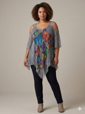 Butterfly Print Cold Shoulder Top Gray XL Funsport
